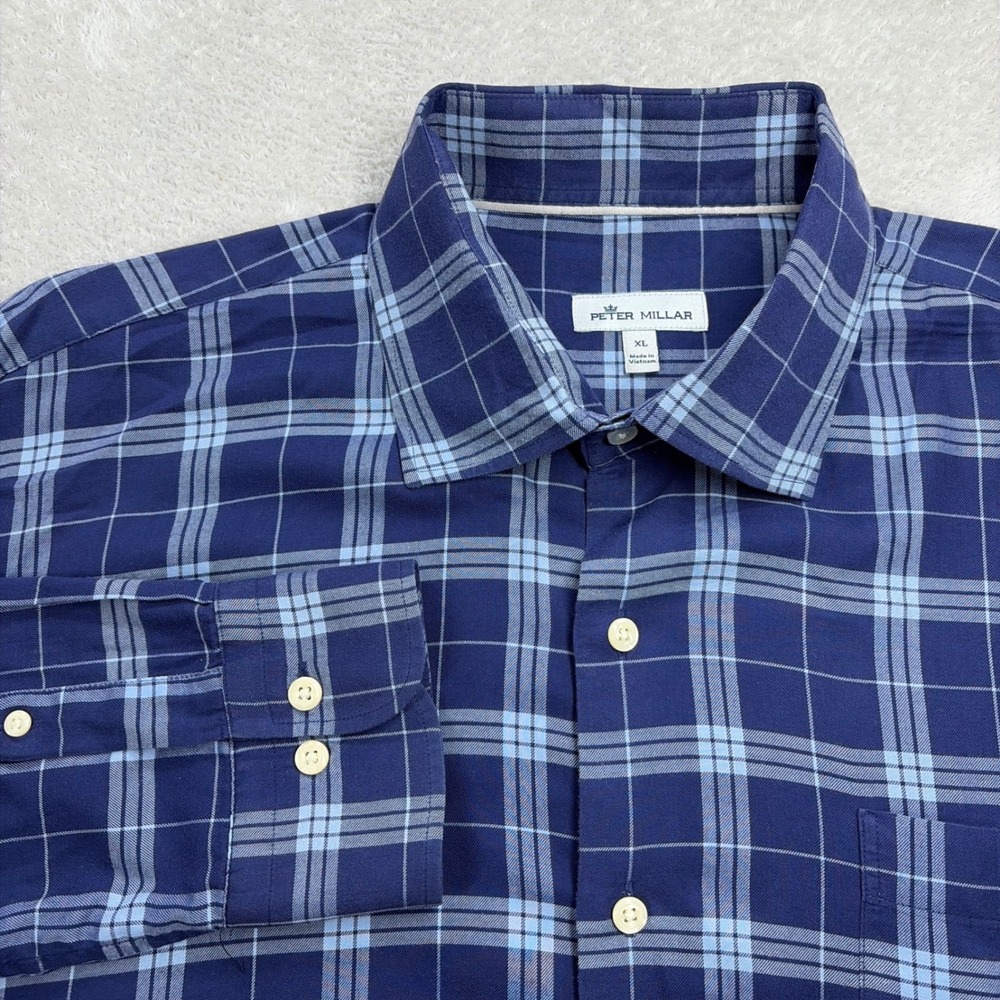 Peter Millar Button Down Shirt Mens XL Navy Blue Plaid Long Sleeve Classic Fit